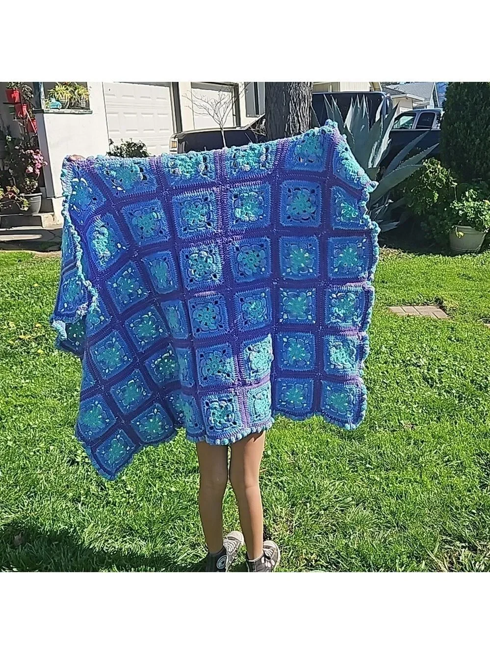 Hand Crafted Purple Blue Aqua Crochet Blanket Granny Square Throw